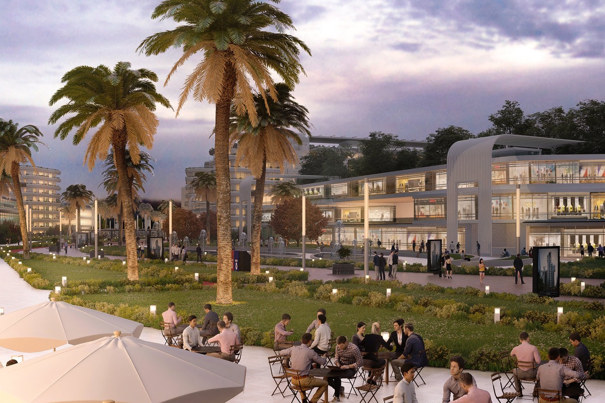 Boardwalk commercial and administrative zone beside landscaped public space