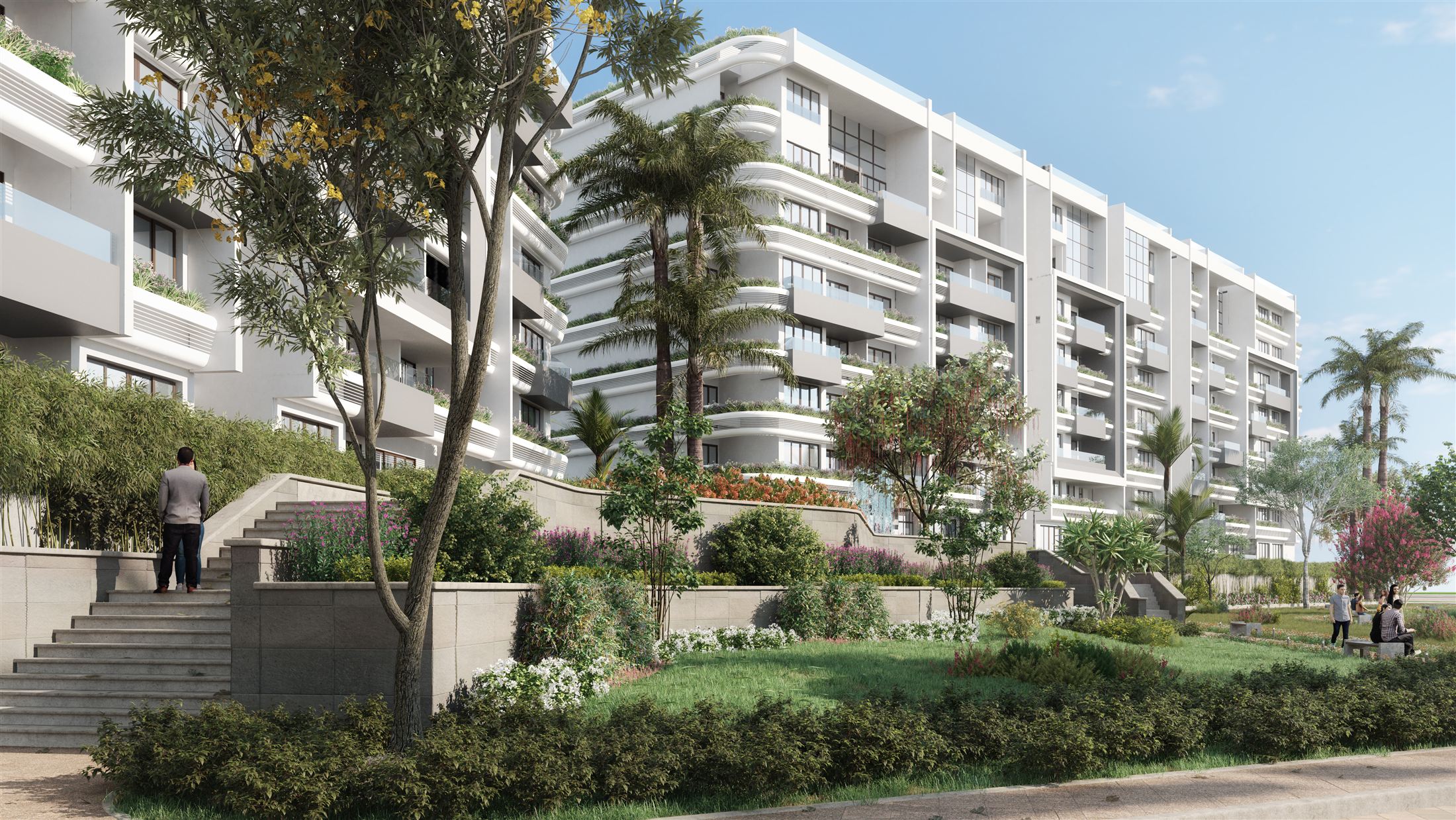 Boardwalk apartment buildings around the landscaped community